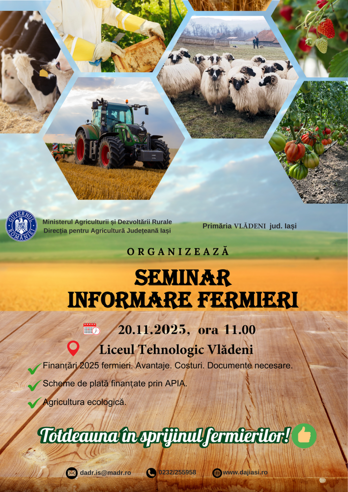 Seminar informare fermieri în data de 20.11.2025, ora 11.00 la Liceul Tehnologic Vlădeni