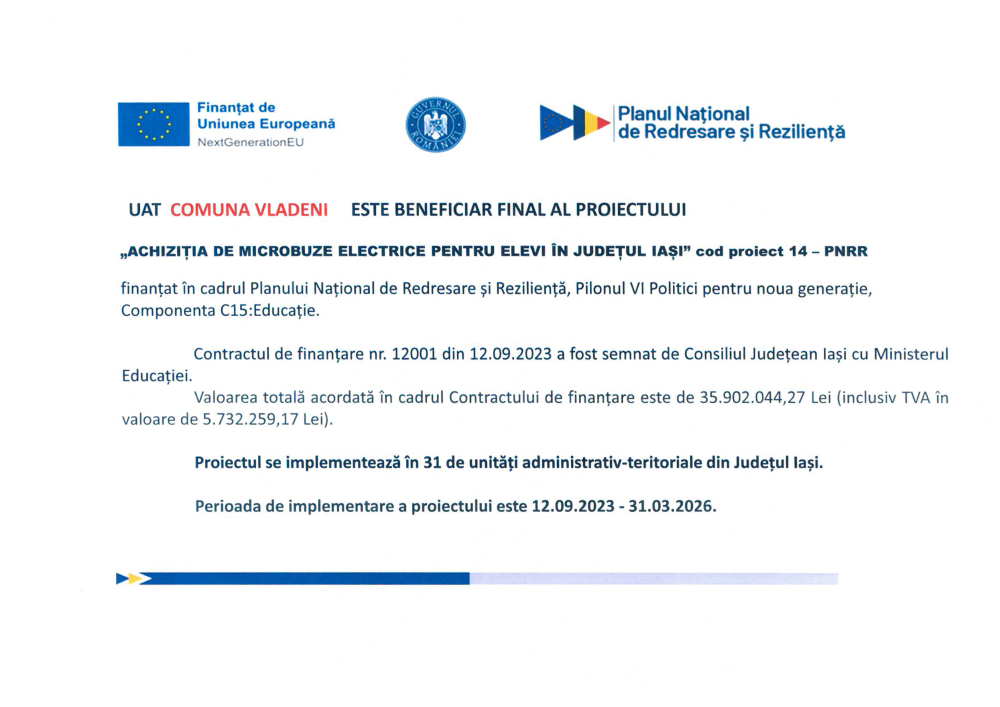 Comunicat de informare: UAT Comuna Vlădeni este beneficiarul final al proiectului „Achiziția de microbuze electrice pentru elevi în județul Iași