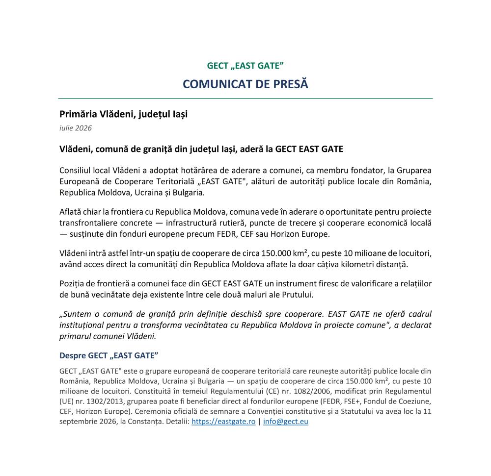 Comunicat de presă GECT EAST GATE